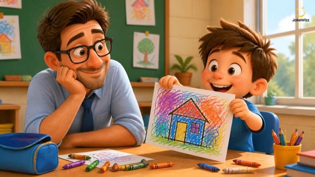 Funny teacher jokes for kids with a male cartoon teacher and schoolboy drawing