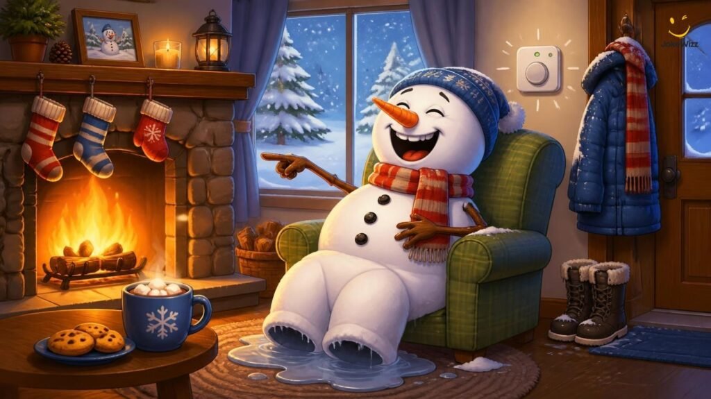 Funny winter jokes with a cozy fireplace and snowman