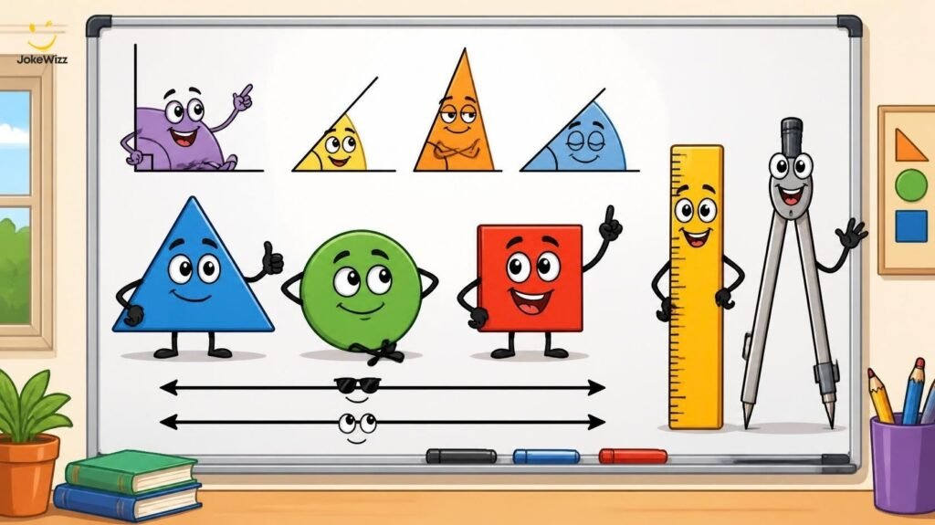 Funny geometry jokes with cartoon angles shapes and lines