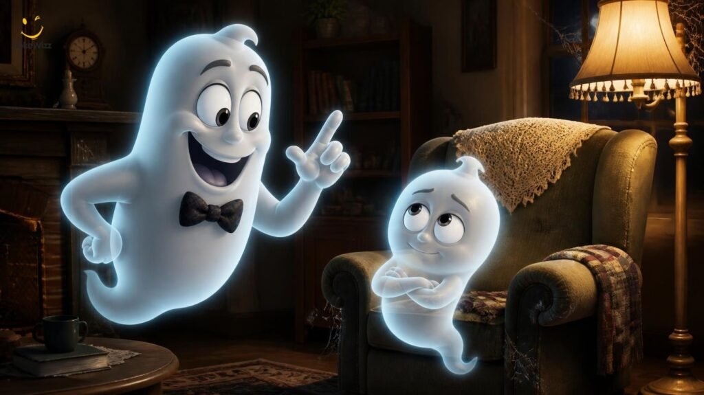 Funny ghost dad jokes with a cartoon ghost father telling a joke to a younger ghost