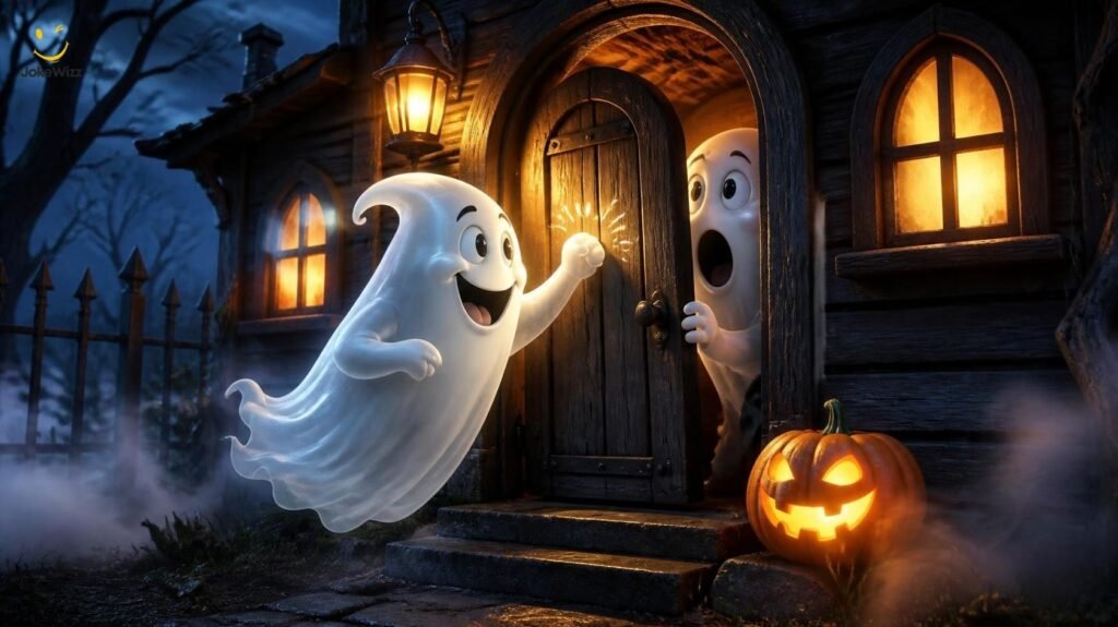 Funny ghost knock-knock jokes with two cartoon ghosts at a haunted house door