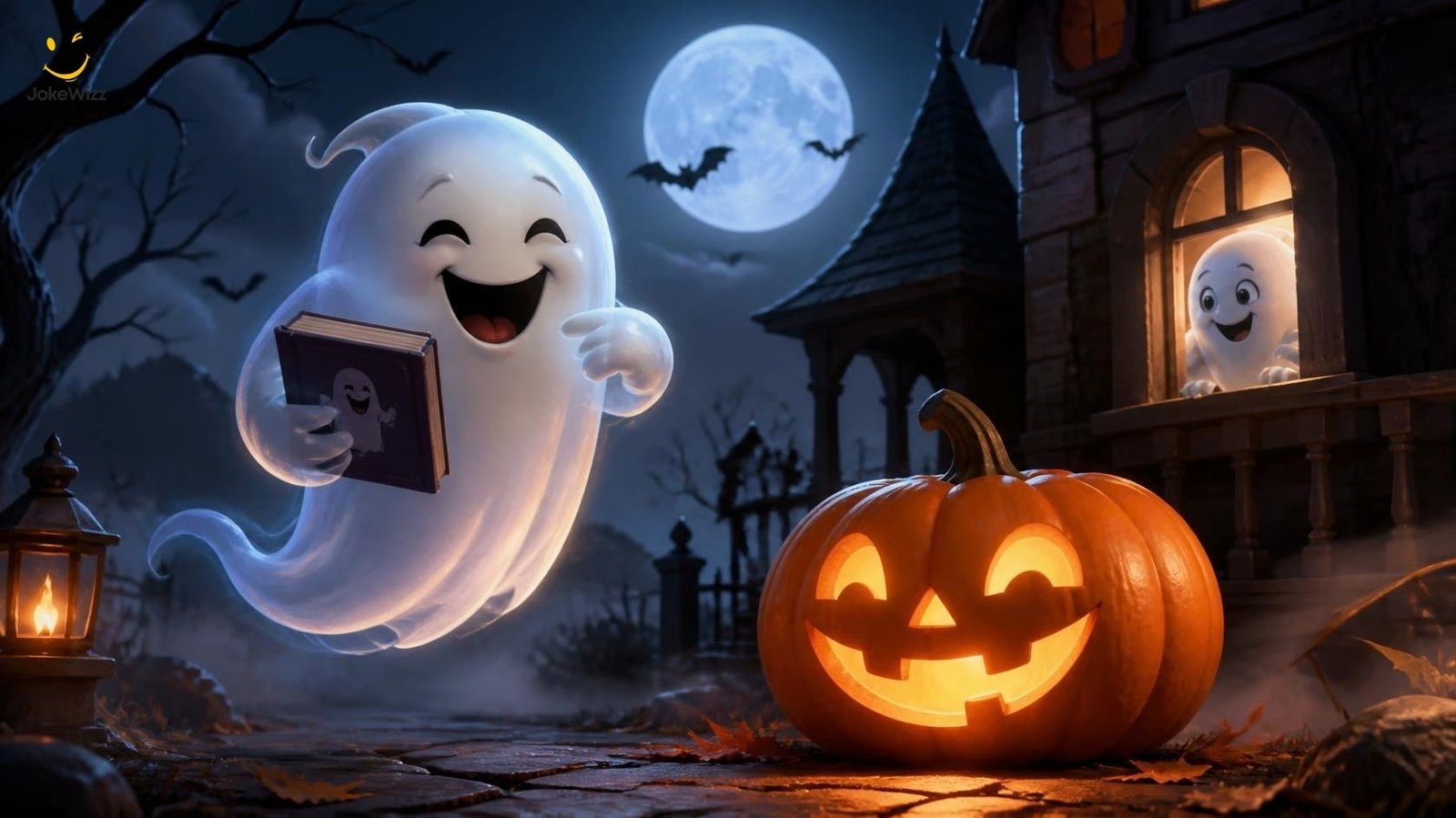 Funny ghost puns and jokes with a cartoon ghost and Halloween pumpkin