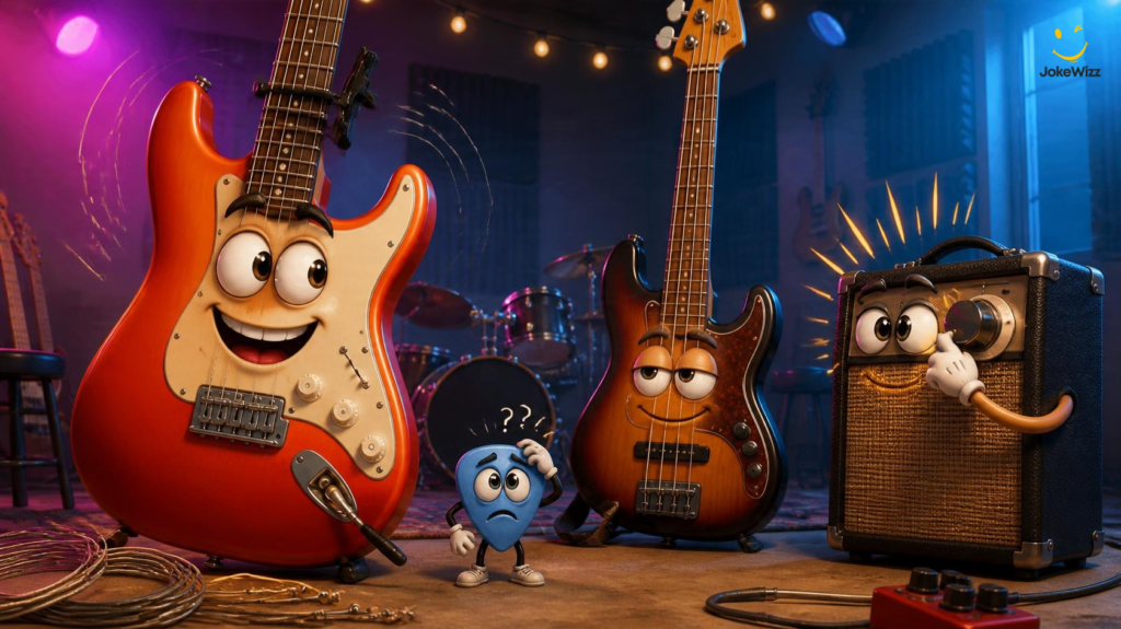 Guitar jokes with funny cartoon electric guitar, bass guitar, guitar pick, and amplifier