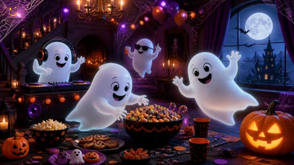 Halloween ghost puns illustrated with cartoon ghosts dancing at a spooky party