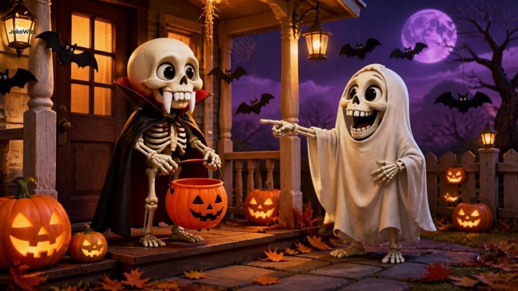 Halloween skeleton puns showing a cartoon skeleton in a vampire costume with a trick-or-treat bucket