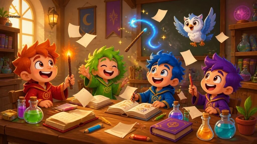 Clean Harry Potter jokes for kids with playful wizard characters
