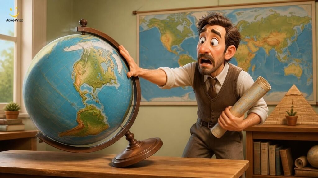 Funny history and geography teacher jokes with a male cartoon teacher and tilted globe