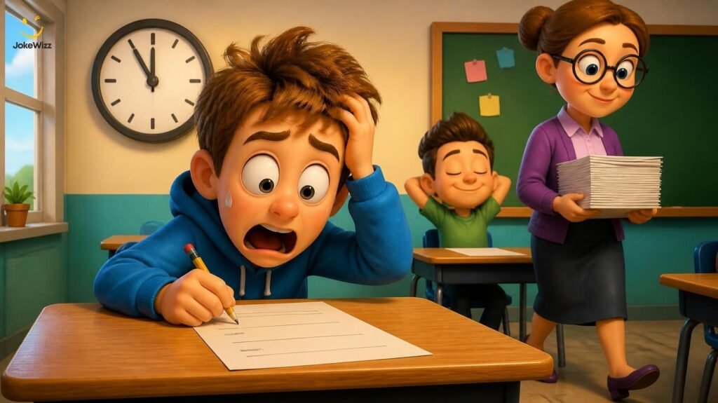 Homework and test jokes featuring a shocked cartoon student taking a classroom exam