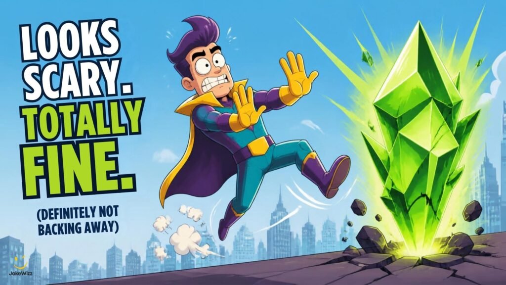 Funny superhero weakness jokes with a glowing green crystal