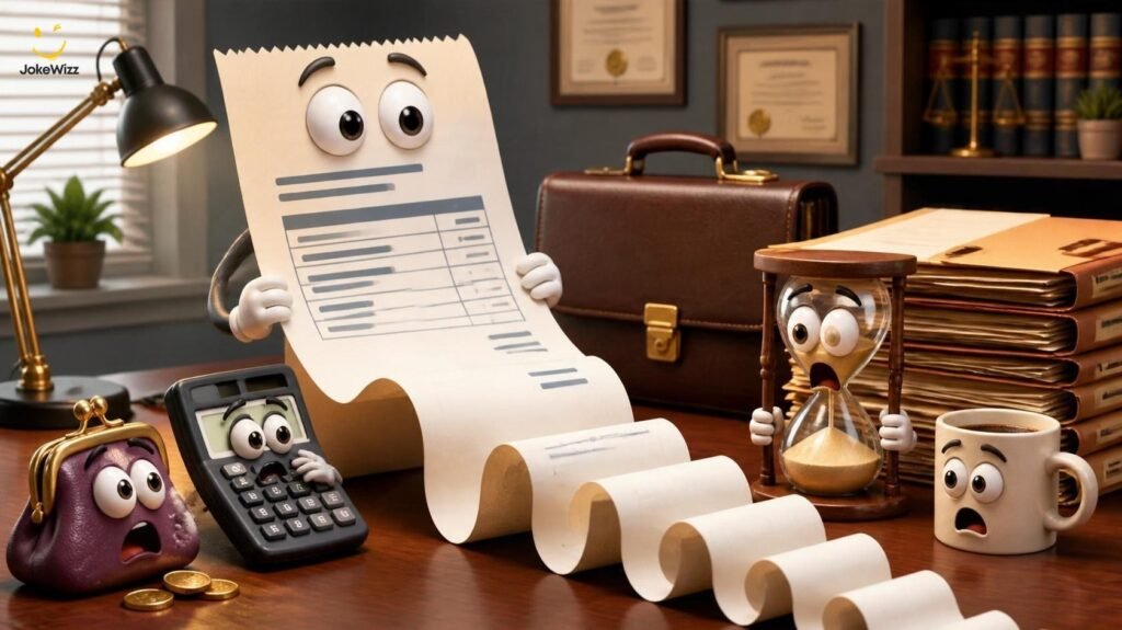 Lawyer billing jokes illustrated with a cartoon invoice, calculator, and shocked coin purse