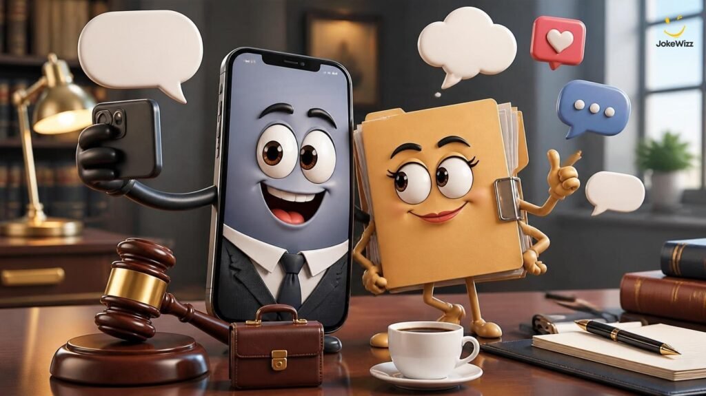 Lawyer jokes for social media captions with a cartoon smartphone, briefcase, and gavel