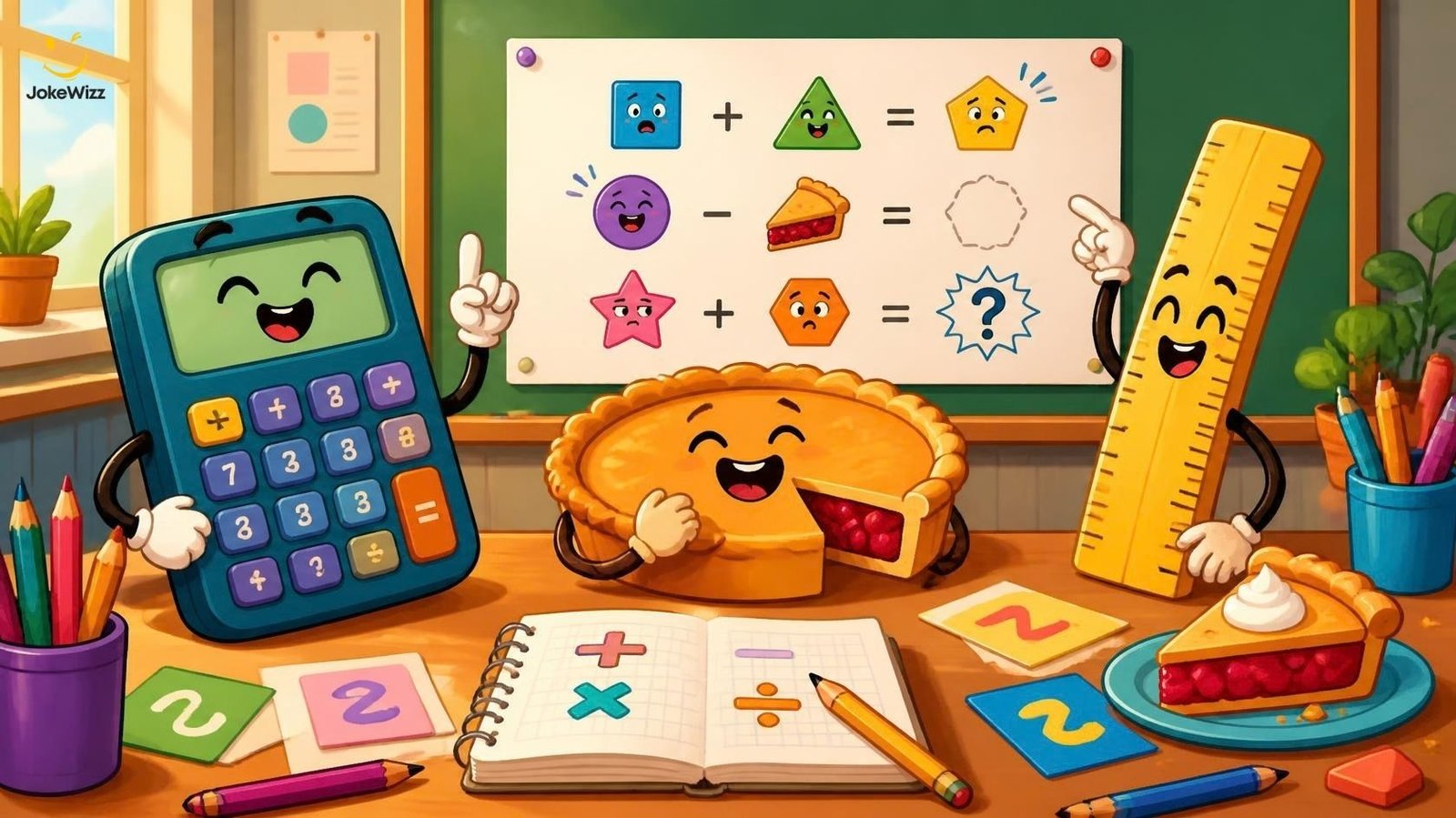 Funny math jokes and puns with playful classroom characters
