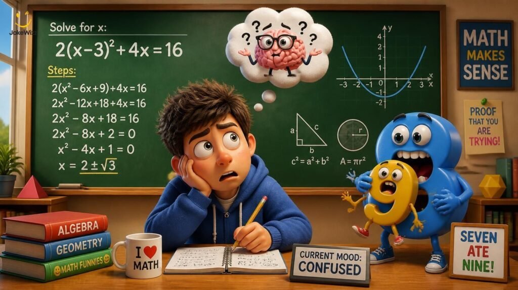 Math jokes for students featuring a confused cartoon student and funny number characters