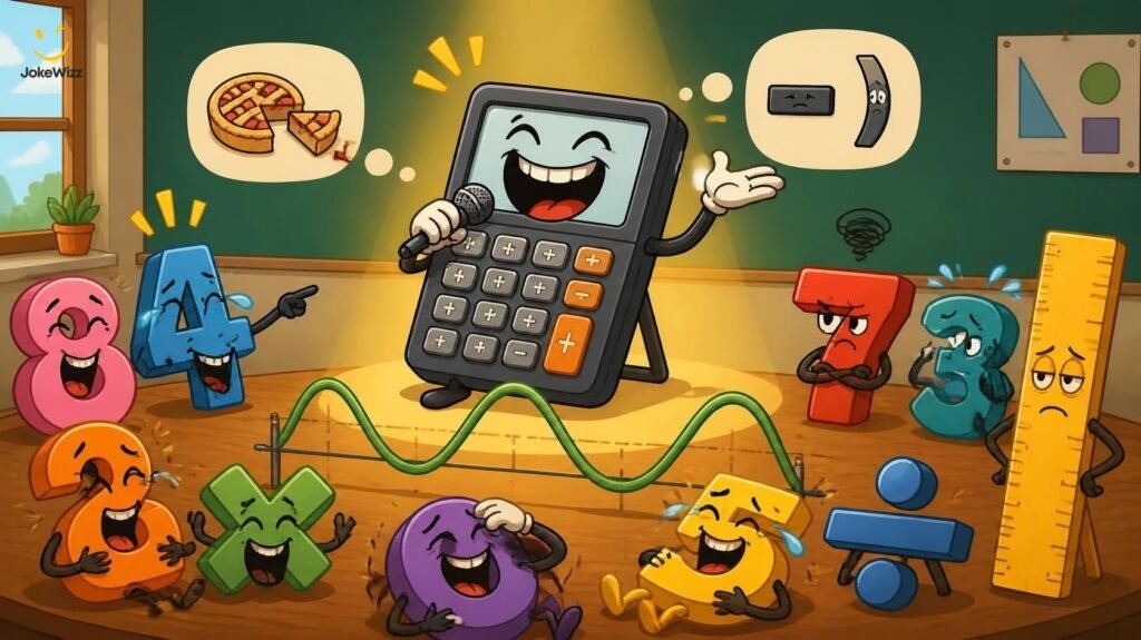 Funny math puns and one-liners with a cartoon calculator