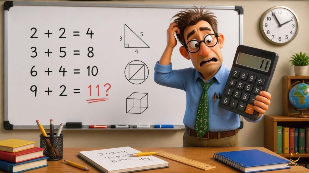 Funny math teacher jokes with a male cartoon teacher calculator and classroom whiteboard