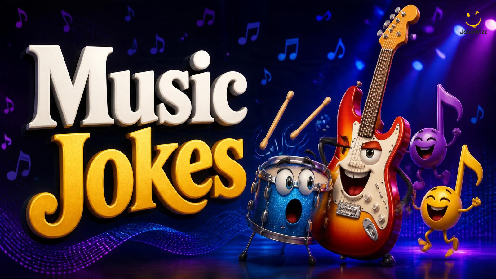 Music jokes featured image with funny cartoon musical instruments and colorful music notes