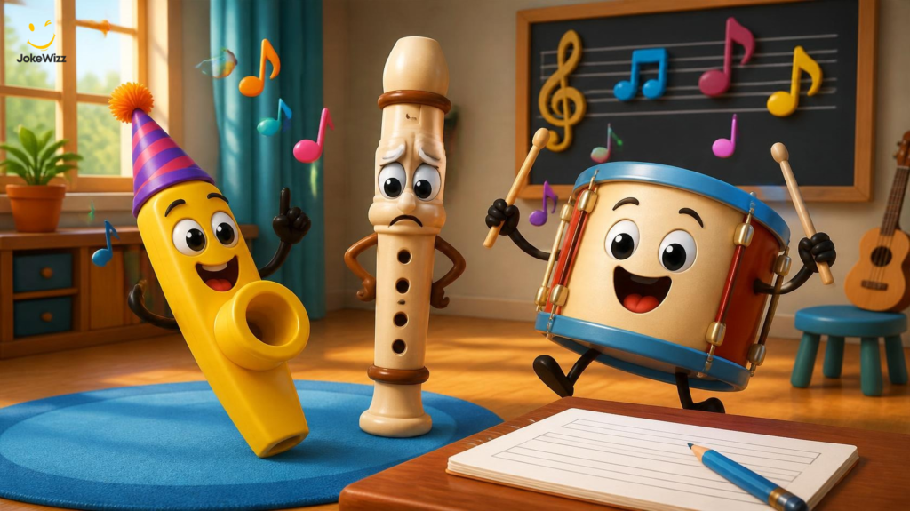 Music puns for kids and adults with funny cartoon kazoo, recorder, and drum