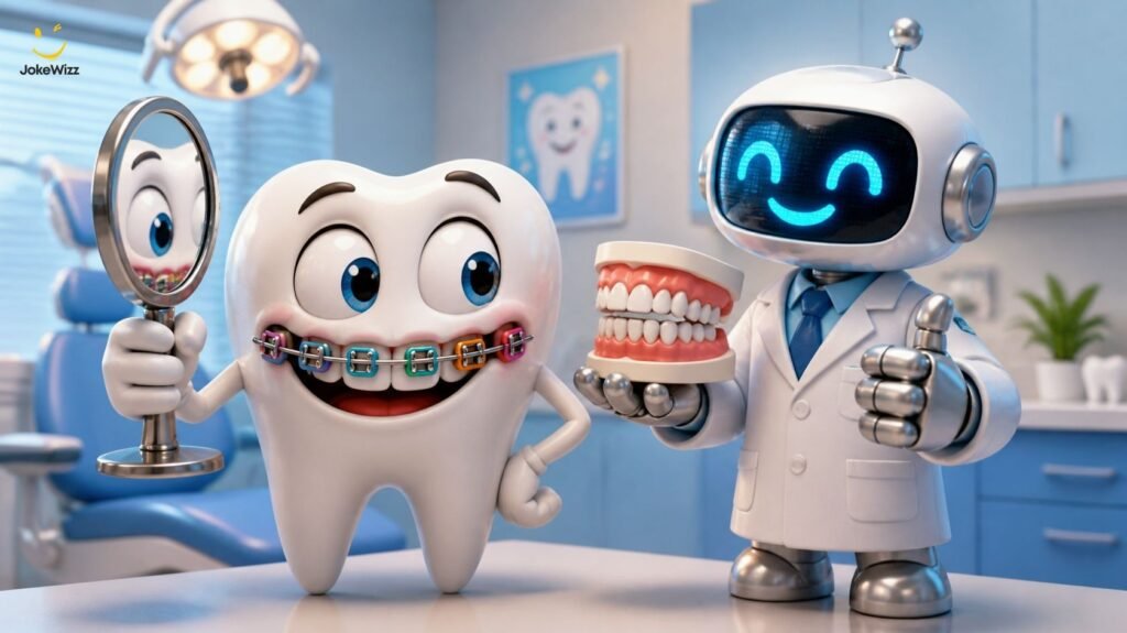 Orthodontist jokes illustrated with a cartoon tooth wearing braces beside a friendly orthodontist robot