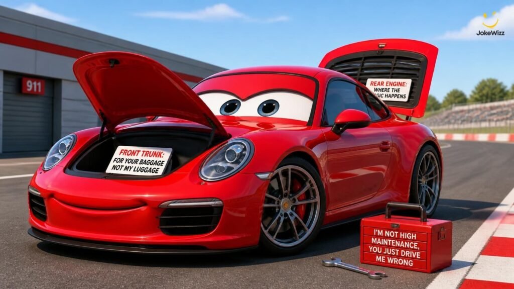 Funny Porsche 911 jokes illustrated with a proud red cartoon sports car