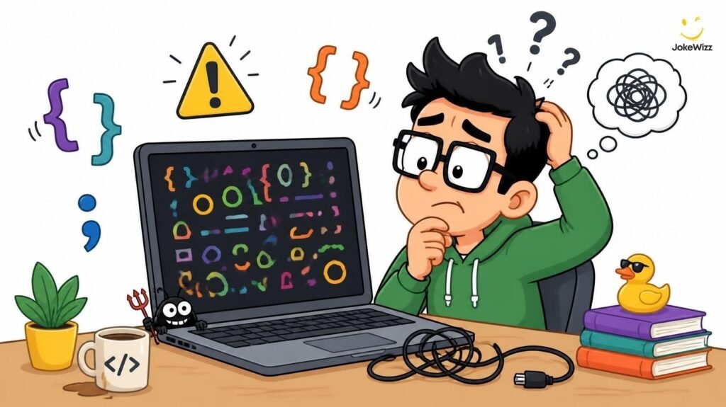 Funny programming and coding jokes with a cartoon bug