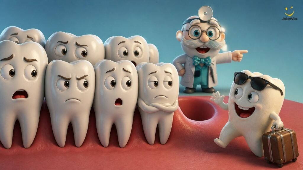 Wisdom teeth jokes illustrated by a cartoon wisdom tooth squeezing into a crowded row of teeth