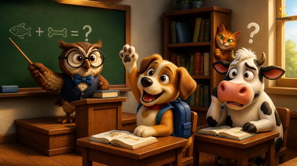 School jokes about animals featuring a cartoon owl teacher, dog student, and confused cow