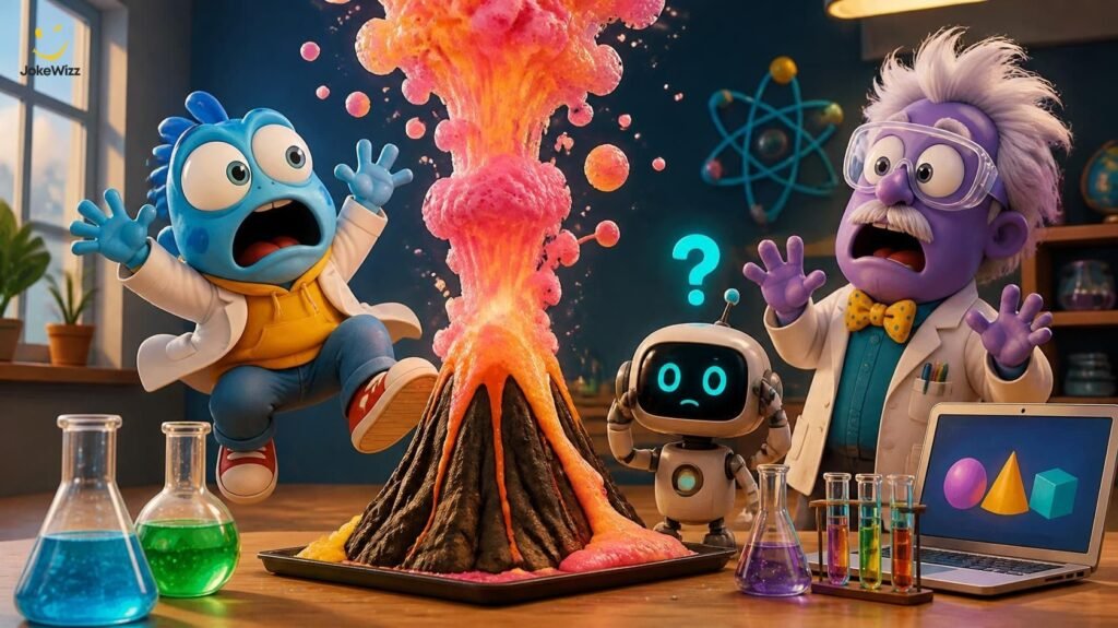 Science and technology school jokes with a surprised cartoon student and erupting model volcano