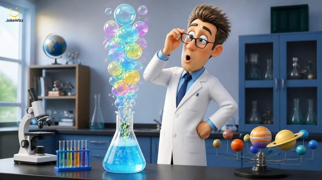 Funny science teacher jokes with a male cartoon teacher and bubbling school experiment