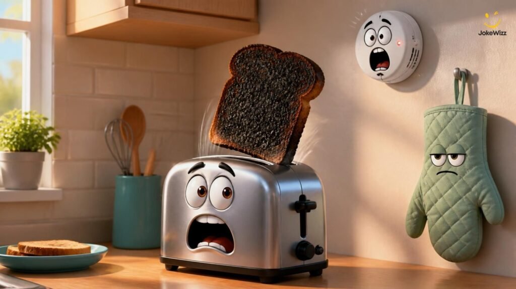 Funny 911 one-liner illustration with a cartoon toaster and burnt toast