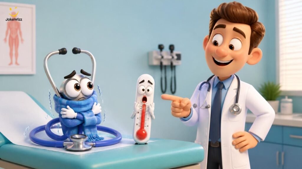 Funny cartoon stethoscope and thermometer for short doctor jokes and one-liners