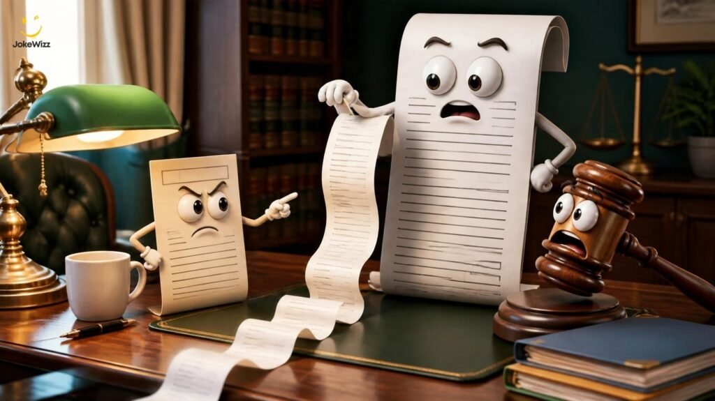 Short lawyer jokes illustrated with a funny cartoon legal document and oversized invoice