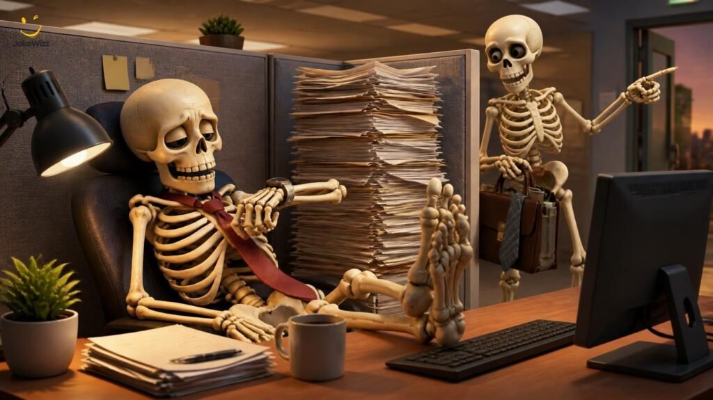 Skeleton jokes for adults showing an exhausted cartoon skeleton at an office desk