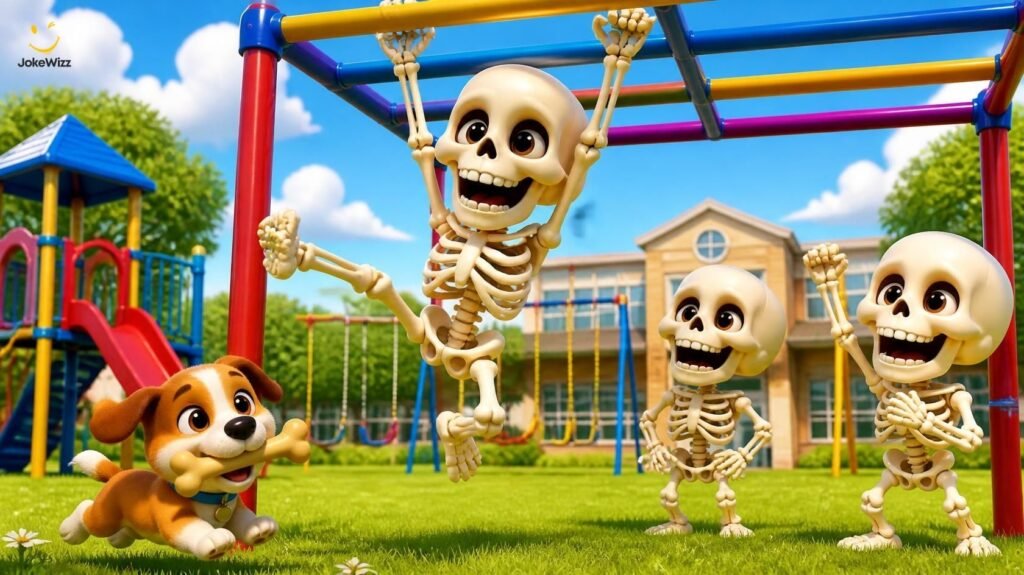Skeleton jokes for kids featuring playful cartoon skeletons on a school playground