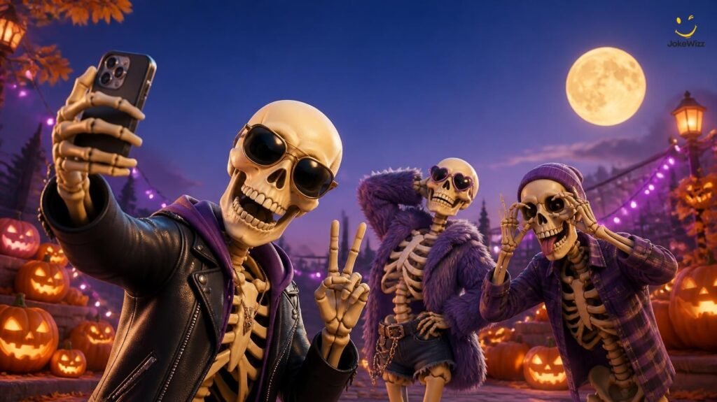 Skeleton puns for Instagram captions featuring cartoon skeletons posing for a funny selfie