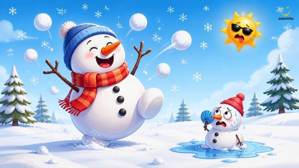 Funny snow and snowman jokes with playful cartoon snowmen