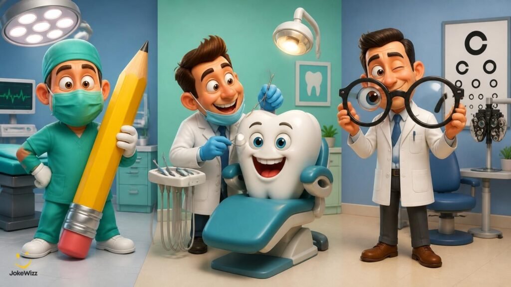 Funny specialist doctor jokes with cartoon male surgeon, dentist, and eye doctor