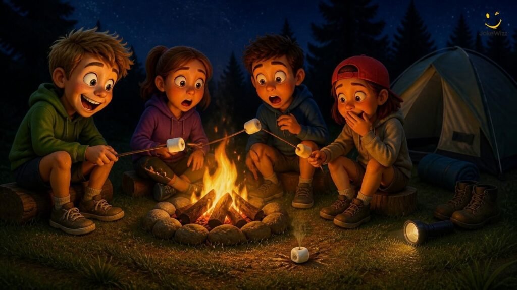 Funny summer camp jokes with marshmallows and campfire