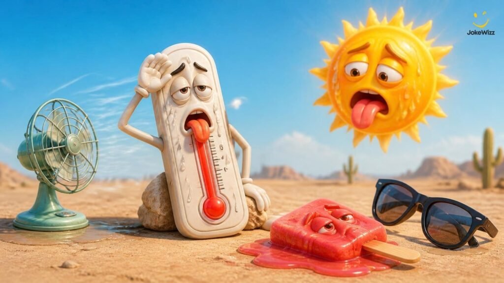 Funny hot weather jokes with thermometer and melting popsicle