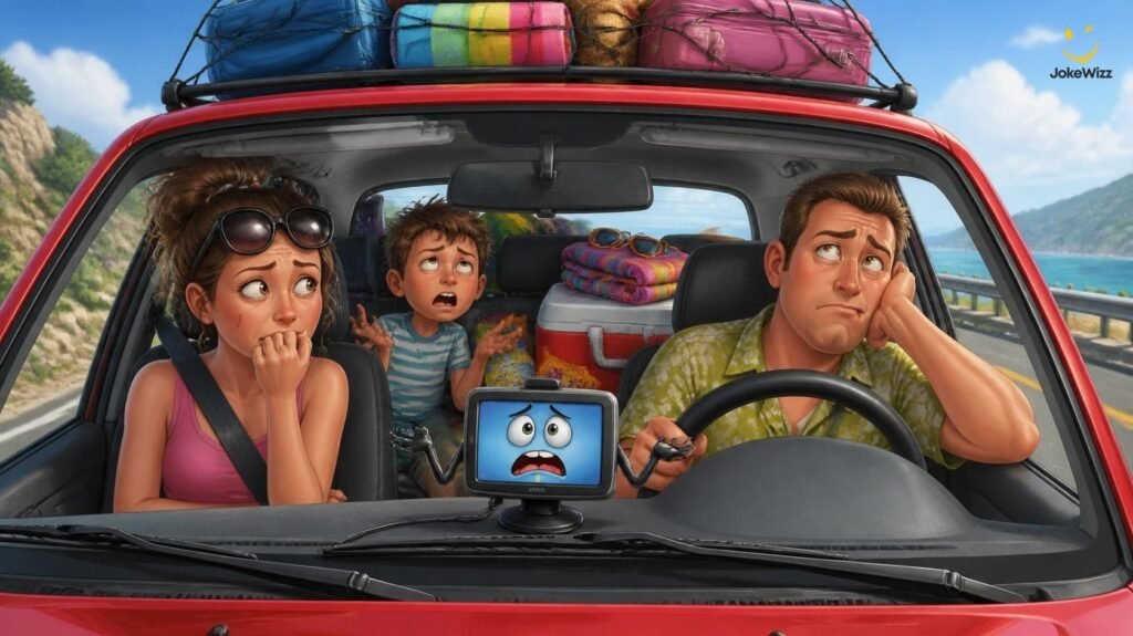 Funny summer vacation and road trip jokes in a cartoon car