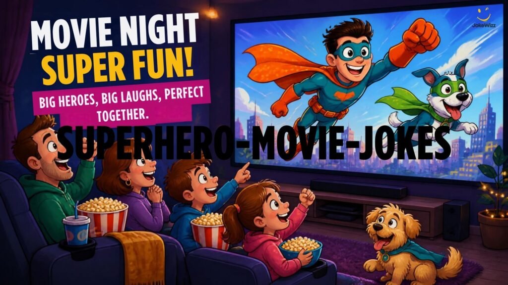 Funny superhero movie jokes with popcorn and a superhero