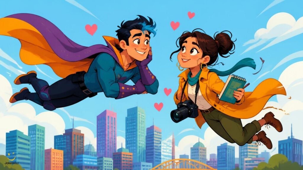 Funny superhero romantic puns with a reporter and flying hero