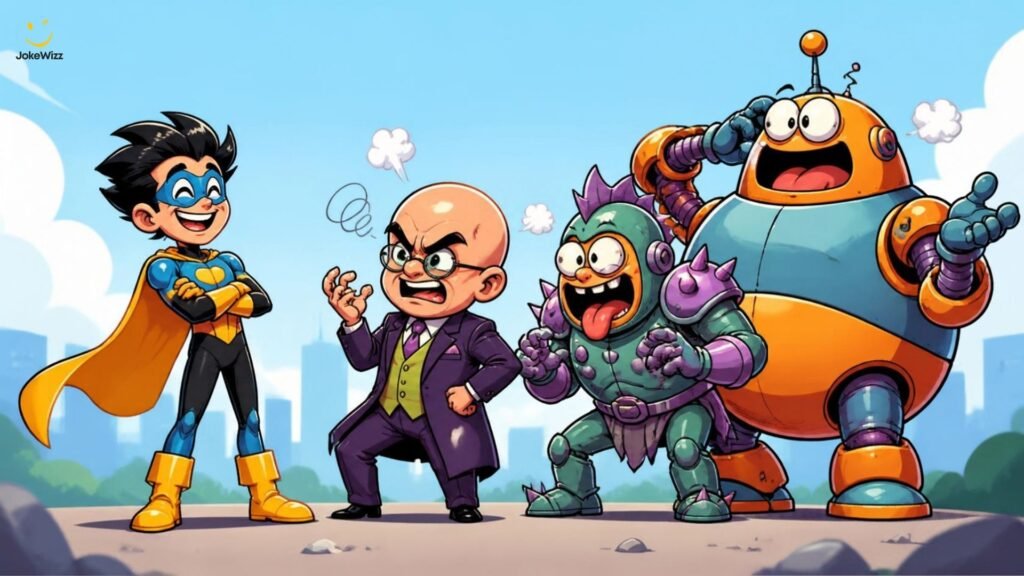 Funny superhero villain jokes with silly comic villains