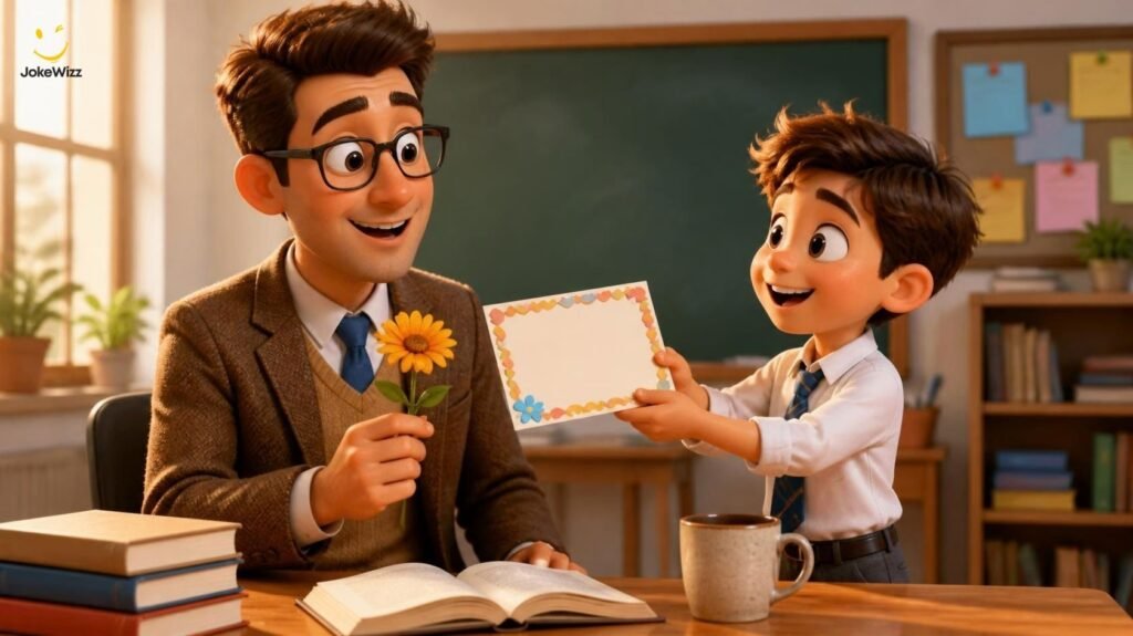 Teacher appreciation jokes with a male cartoon teacher receiving a thank-you card from a schoolboy