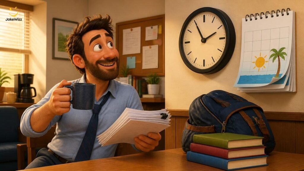 Funny teacher jokes about coffee Friday and summer break with a male cartoon teacher