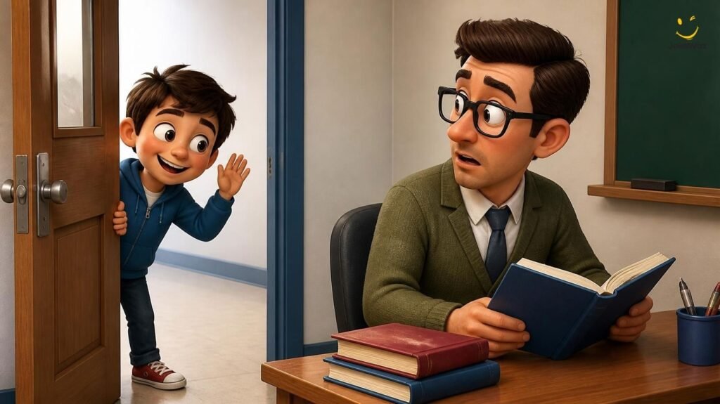 Teacher knock-knock jokes with a cartoon schoolboy at a classroom door and male teacher