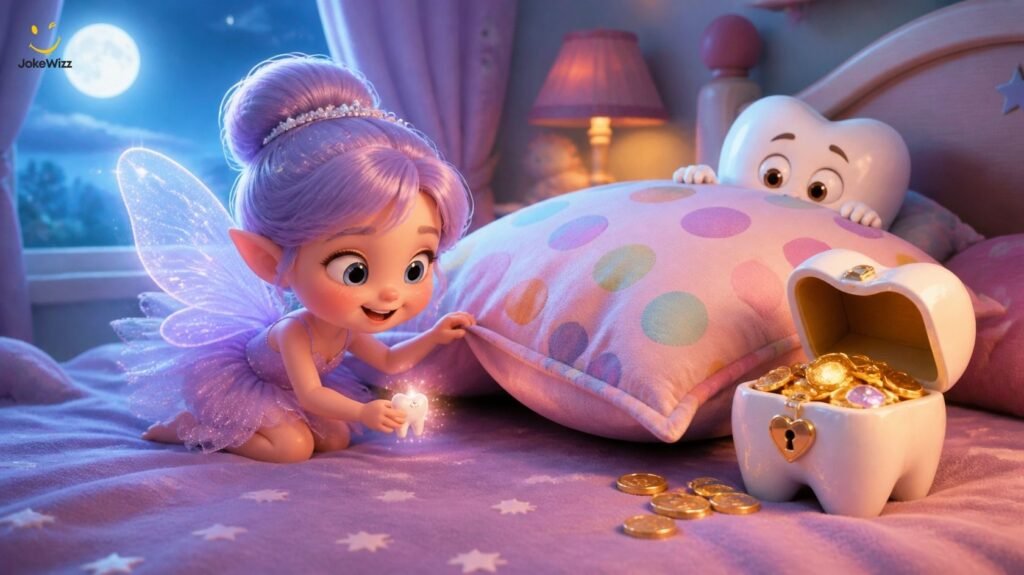 Tooth fairy jokes for kids featuring a cartoon tooth fairy finding a tooth under a pillow
