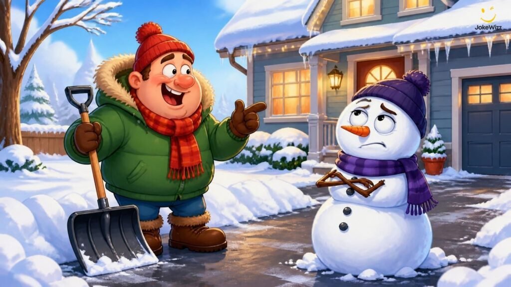 Funny winter dad jokes with a snowman and snow shovel