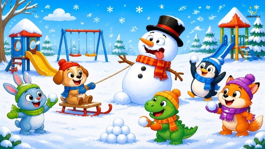 Clean winter jokes for kids with playful snow characters