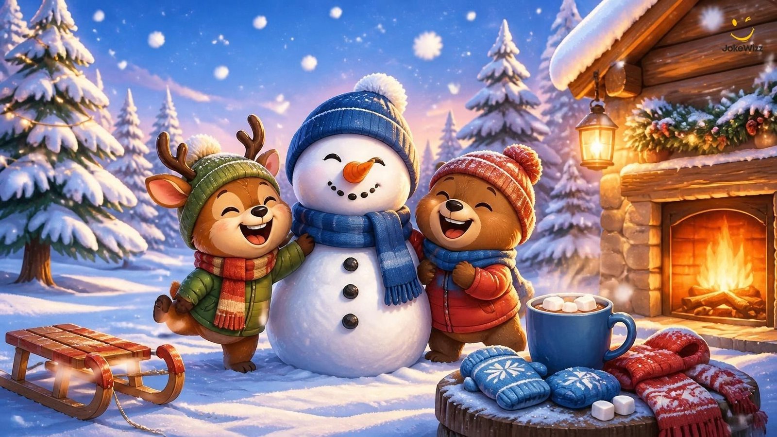 Funny winter jokes and puns with playful snow characters
