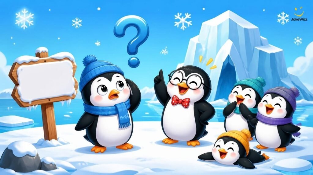 Funny winter riddles and penguin jokes with cute cartoon penguins